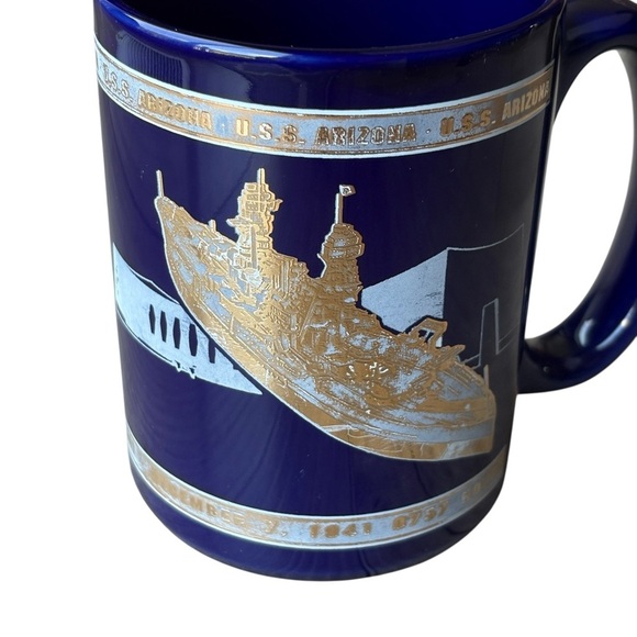 U.S.S. Arizona Blue Coffee Mug Blue Gold Glazed Ceramic Armed Forces 1994 - Picture 2 of 7